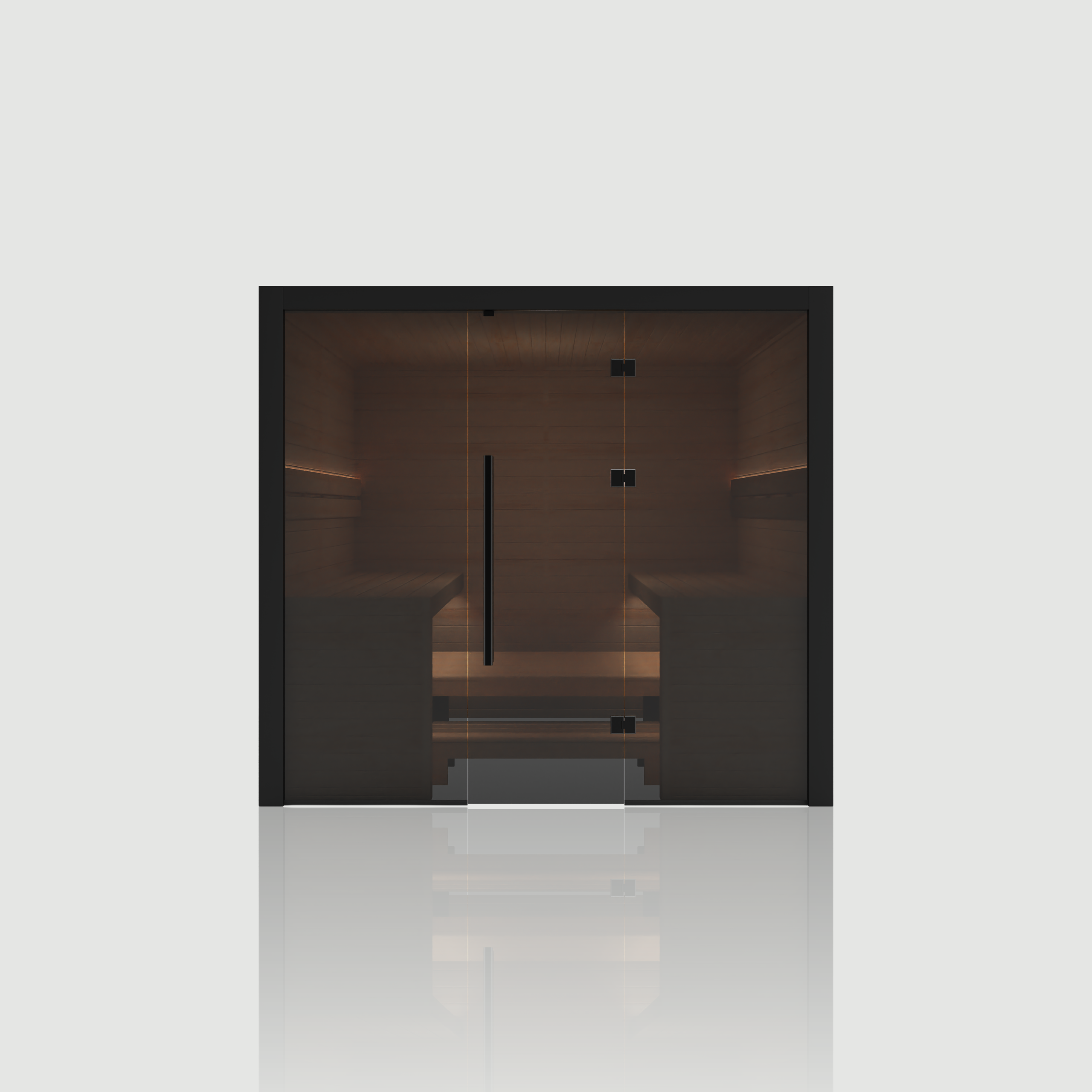 Direct front view of the Hekla Traditional 220 Nero indoor sauna, featuring a matte black frame and closed 8mm grey-tinted safety glass doors.