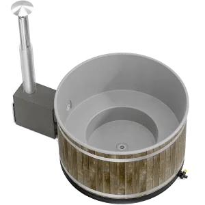 Kirami Breezy M wood-fired hot tub with internal heater and grey easy-clean plastic liner, Roberts Leisure Isle of Man.
