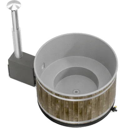 Kirami Breezy M wood-fired hot tub with internal heater and grey easy-clean plastic liner, Roberts Leisure Isle of Man.