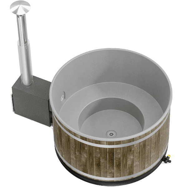 Kirami Breezy M wood-fired hot tub with internal heater and grey easy-clean plastic liner, Roberts Leisure Isle of Man.