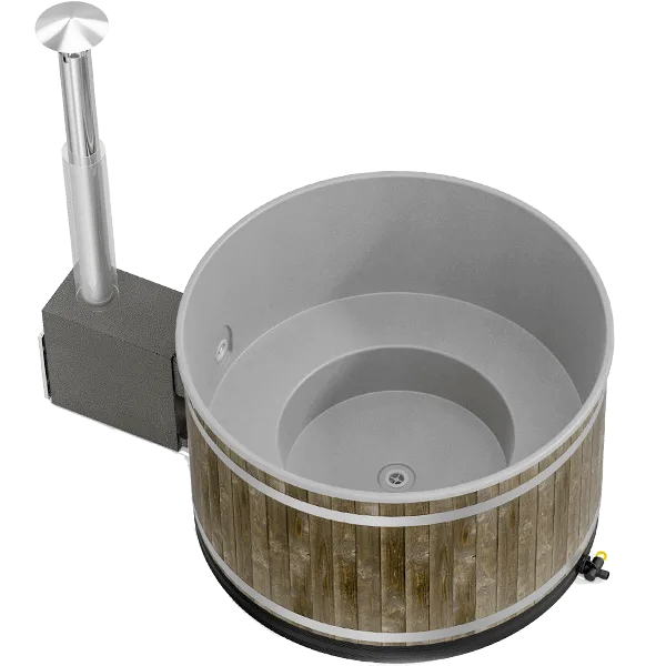 Kirami Breezy M wood-fired hot tub with internal heater and grey easy-clean plastic liner, Roberts Leisure Isle of Man.