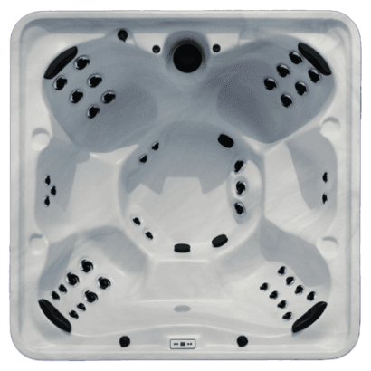 Overhead view of the Arctic Spas Orion hot tub shell in white, featuring a symmetrical 5-6 person seating layout and therapeutic jet system, available for Isle of Man installation.