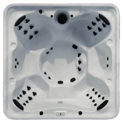 Overhead view of the Arctic Spas Orion hot tub shell in white, featuring a symmetrical 5-6 person seating layout and therapeutic jet system, available for Isle of Man installation.