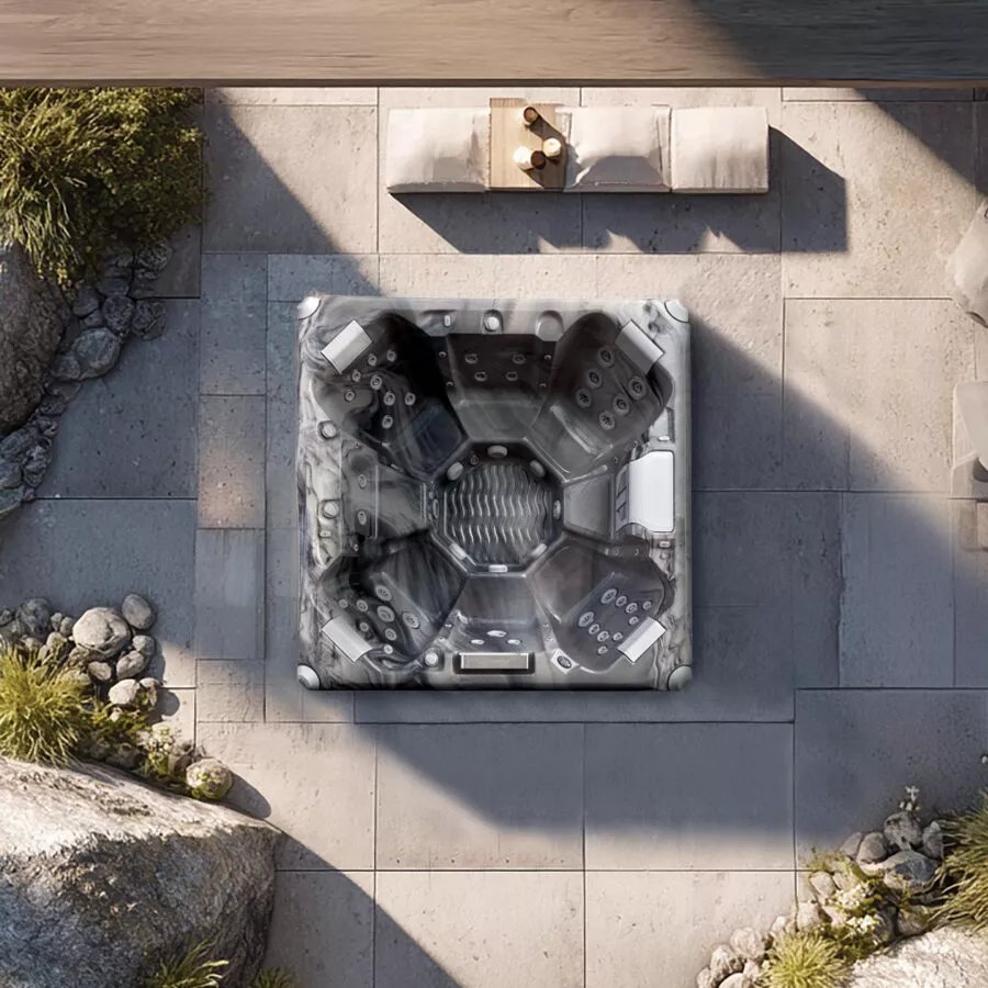 AquaSolus Solstice (Series 3) luxury 7-seater hot tub featuring 35 precision hydrotherapy jets, Gecko K1000 touchscreen controls, and dual filtration, Roberts Leisure Isle of Man.