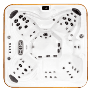 Overhead technical view of an Arctic Spas luxury hot tub interior showing ergonomic seating and multi-point hydrotherapy jet configuration, Roberts Leisure.