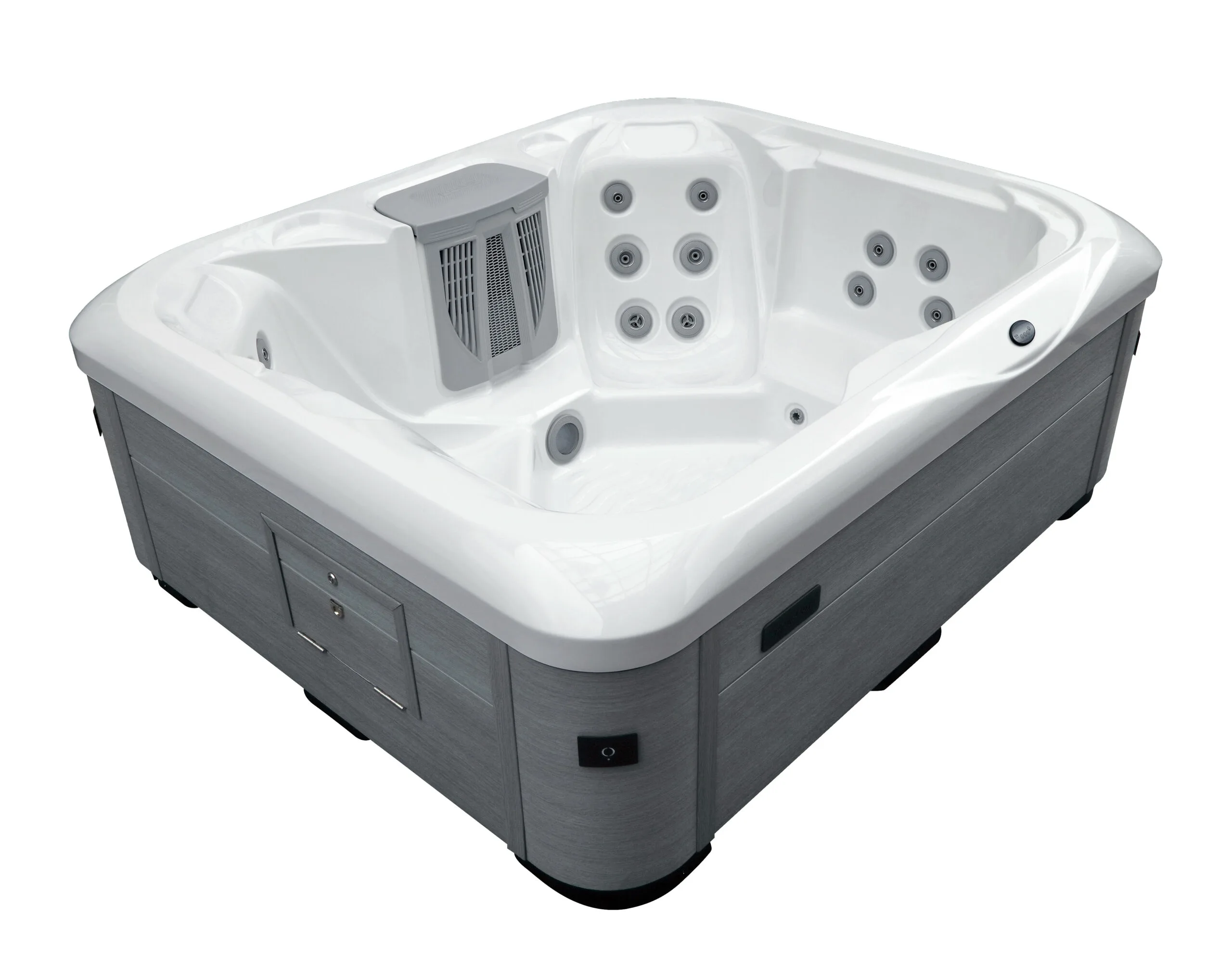 Angled high view of the Vacation Brook hot tub showcasing the closed flush lockable panel, grey cabinet, and pristine white interior.