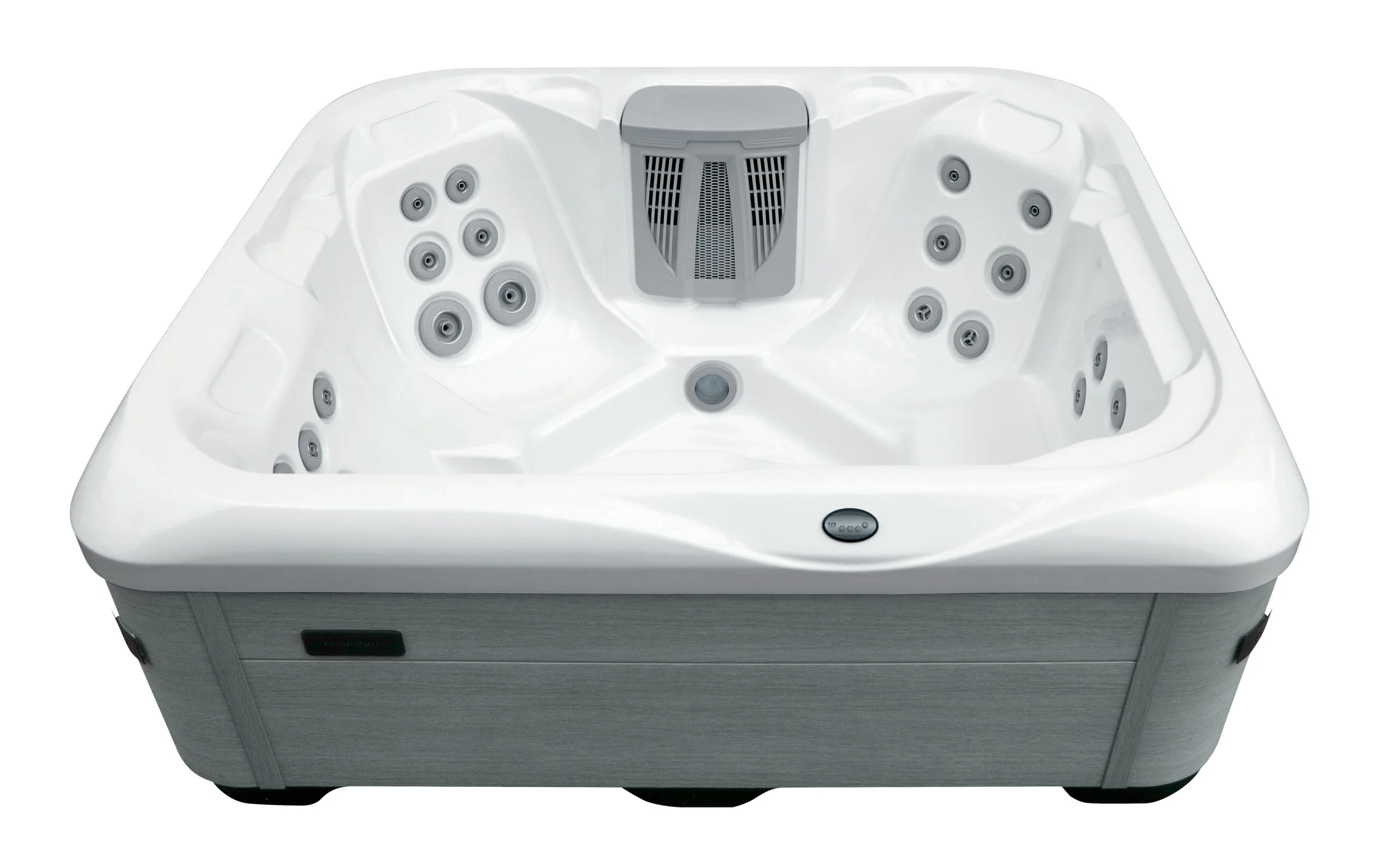 Angled front view of the Vacation Brook hot tub showing its modern grey composite cabinet and clean white acrylic shell.