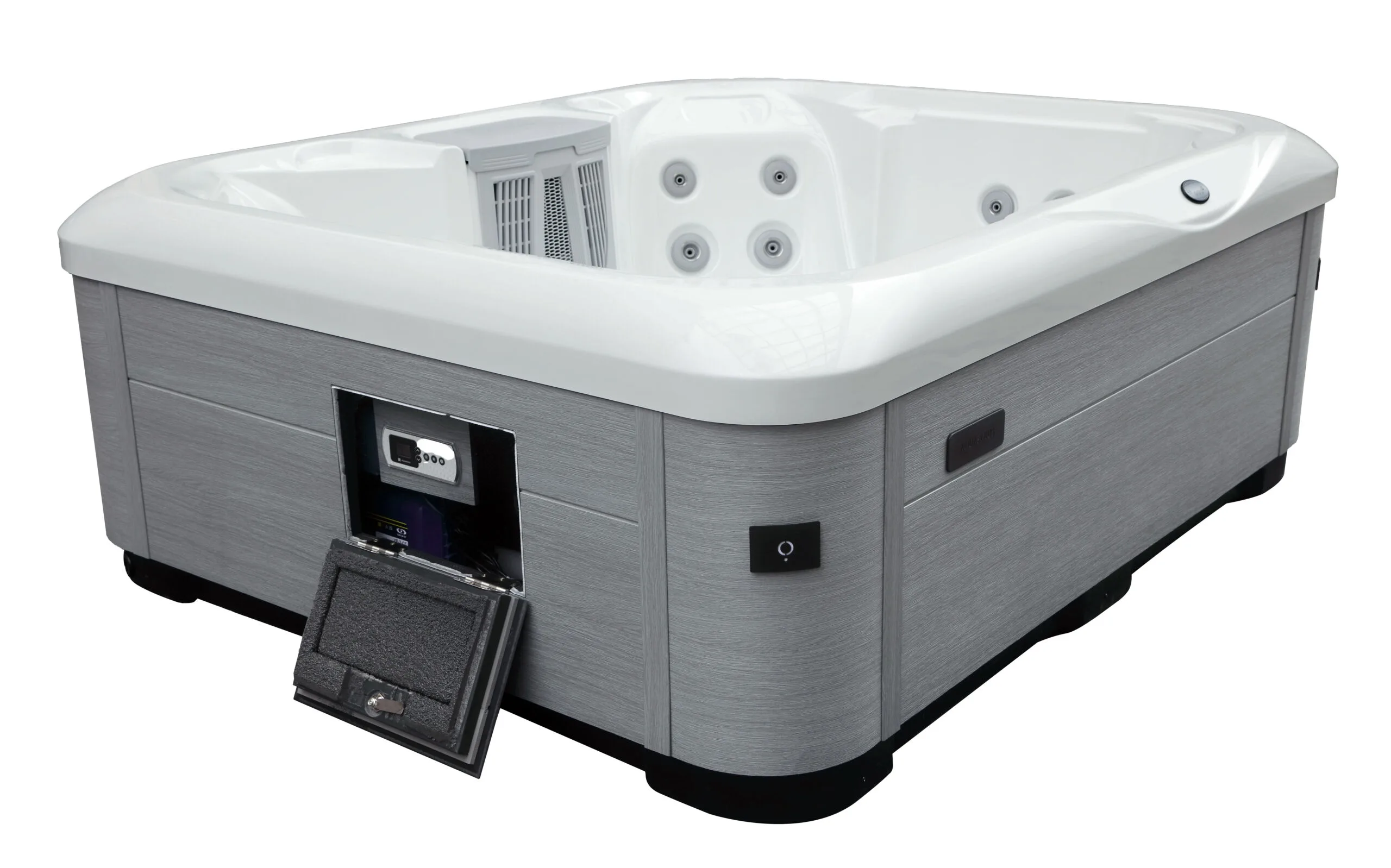 Vacation Brook hot tub with the secure owner control panel open, revealing the internal digital display and spa equipment.