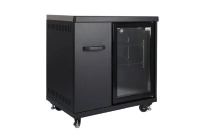Grllr modular outdoor refrigerator featuring a glass-door design, weather-resistant construction, and mobile heavy-duty casters, Roberts Leisure Isle of Man.