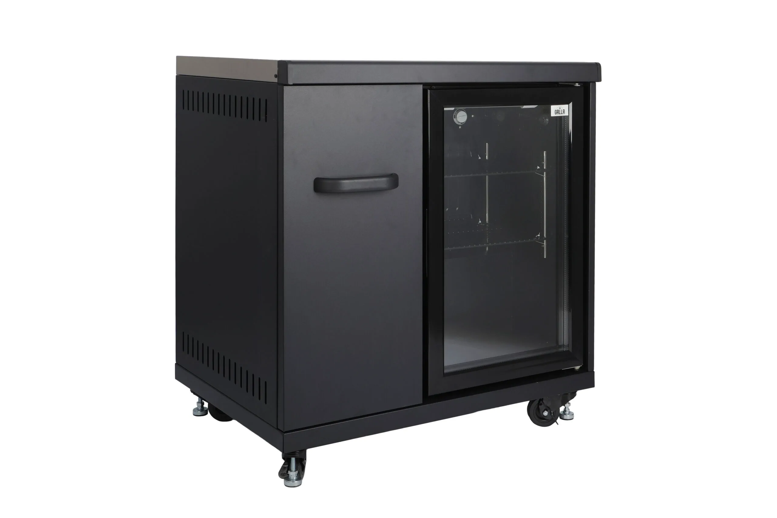 Grllr modular outdoor refrigerator featuring a glass-door design, weather-resistant construction, and mobile heavy-duty casters, Roberts Leisure Isle of Man.