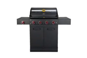 Grllr G4S 4-burner professional gas grill featuring precision illuminated controls, heavy-duty cooking grates, and weather-resistant stainless steel construction, Roberts Leisure Isle of Man.