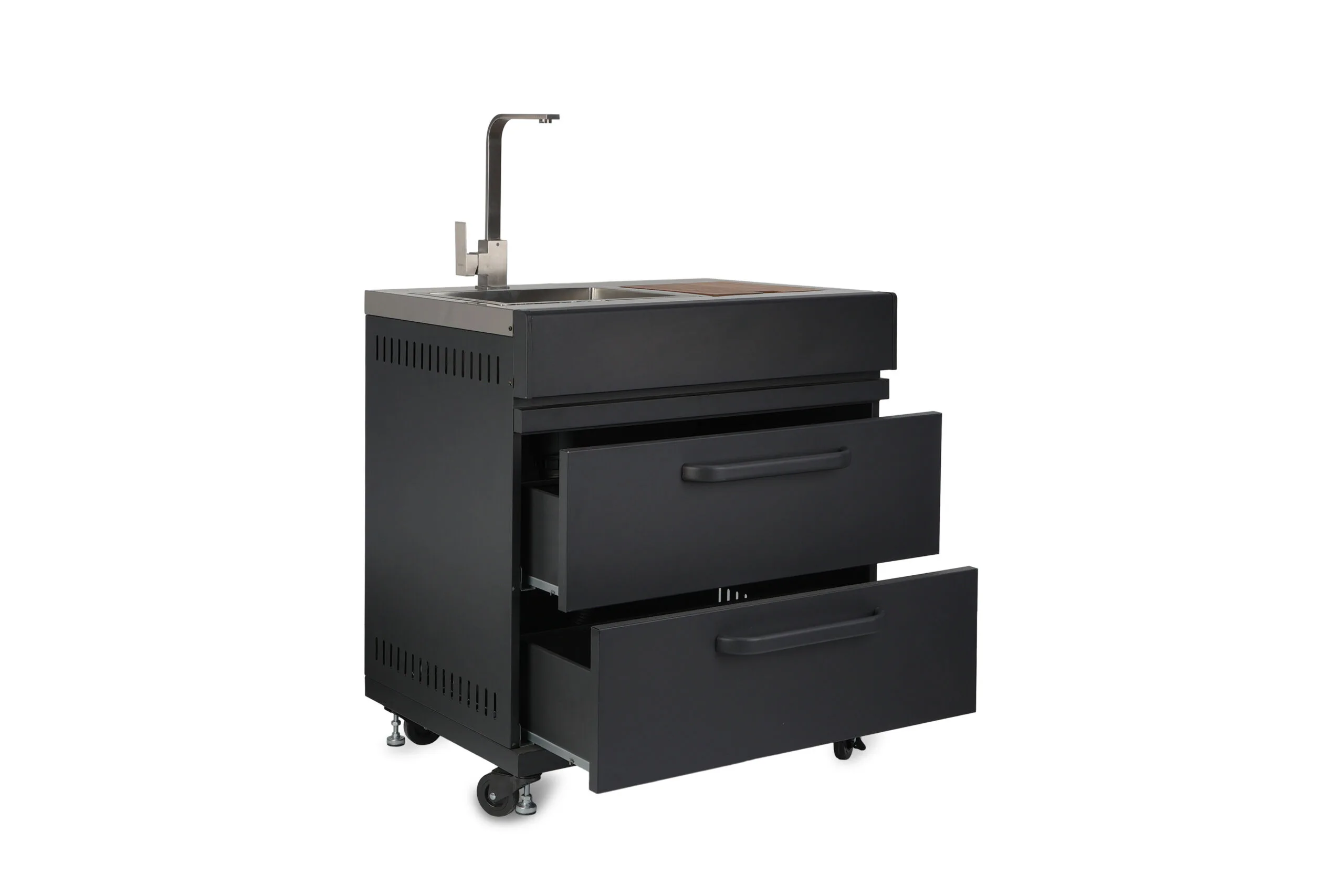 Grllr modular sink unit featuring integrated stainless steel sink and faucet, heavy-duty soft-close storage drawers, and weather-resistant cabinetry, Roberts Leisure Isle of Man.