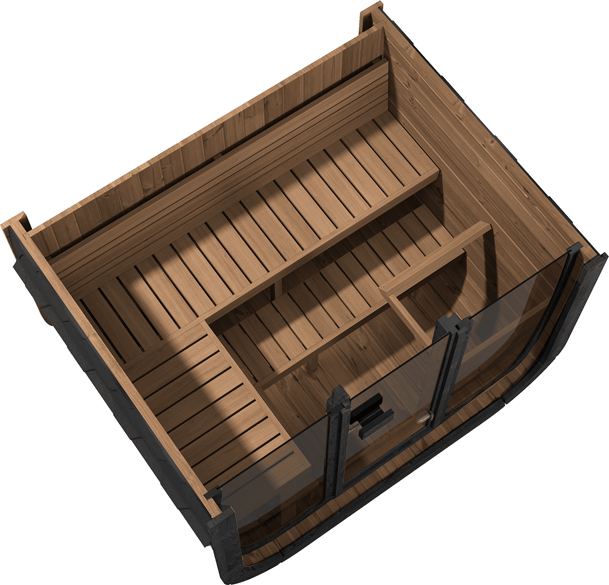 Interior cut-through view of the Yakia 200M outdoor sauna, showing the multi-level Nordic spruce bench seating and spacious timber cabin, available for delivery in the Isle of Man.