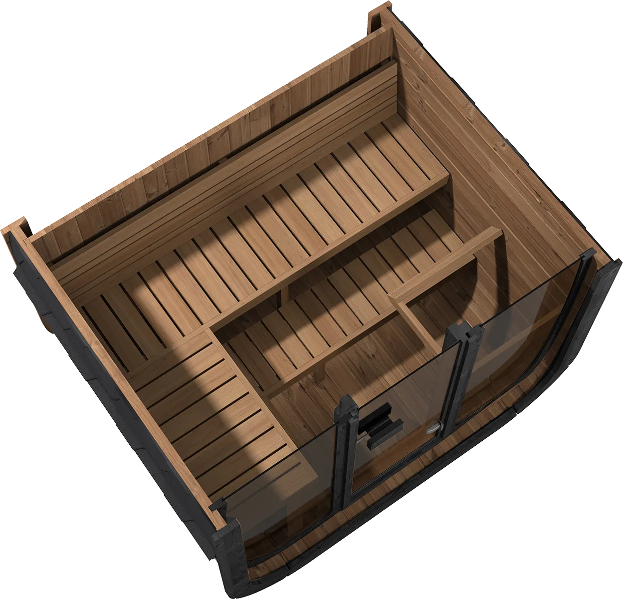 Interior cut-through view of the Yakia 200M outdoor sauna, showing the multi-level Nordic spruce bench seating and spacious timber cabin, available for delivery in the Isle of Man.