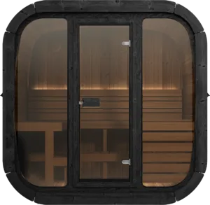 Front view of the Yakia 200M outdoor sauna featuring a large panoramic glass front, modern black exterior trim, and tiered wooden bench seating, available in the Isle of Man.