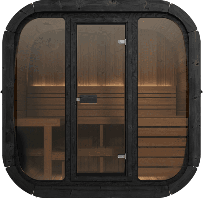 Front view of the Yakia 200M outdoor sauna featuring a large panoramic glass front, modern black exterior trim, and tiered wooden bench seating, available in the Isle of Man.