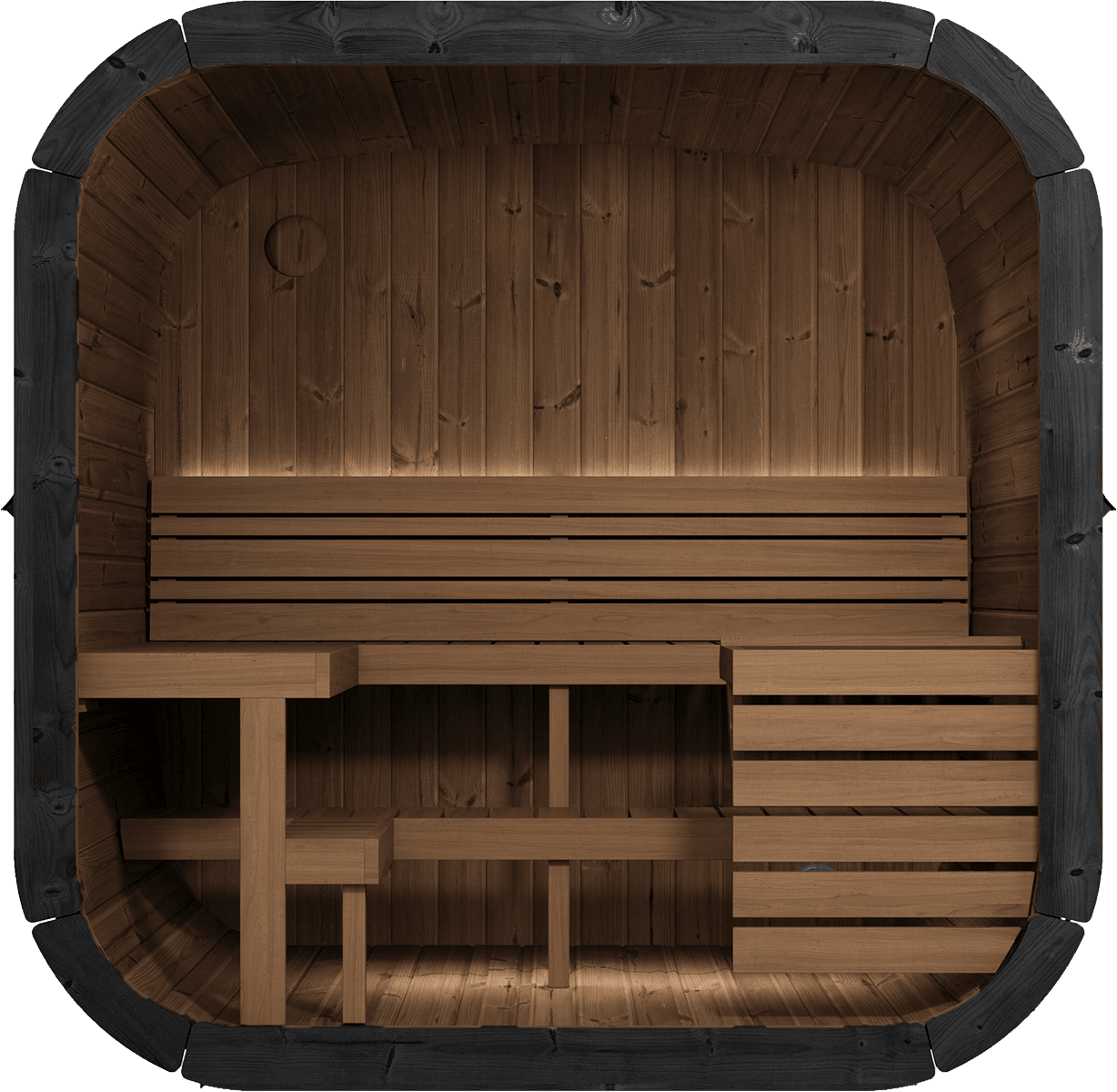 Front-on interior view of the Yakia 200M outdoor sauna, showcasing the tiered timber benches and spacious ergonomic layout, available for delivery across the Isle of Man.