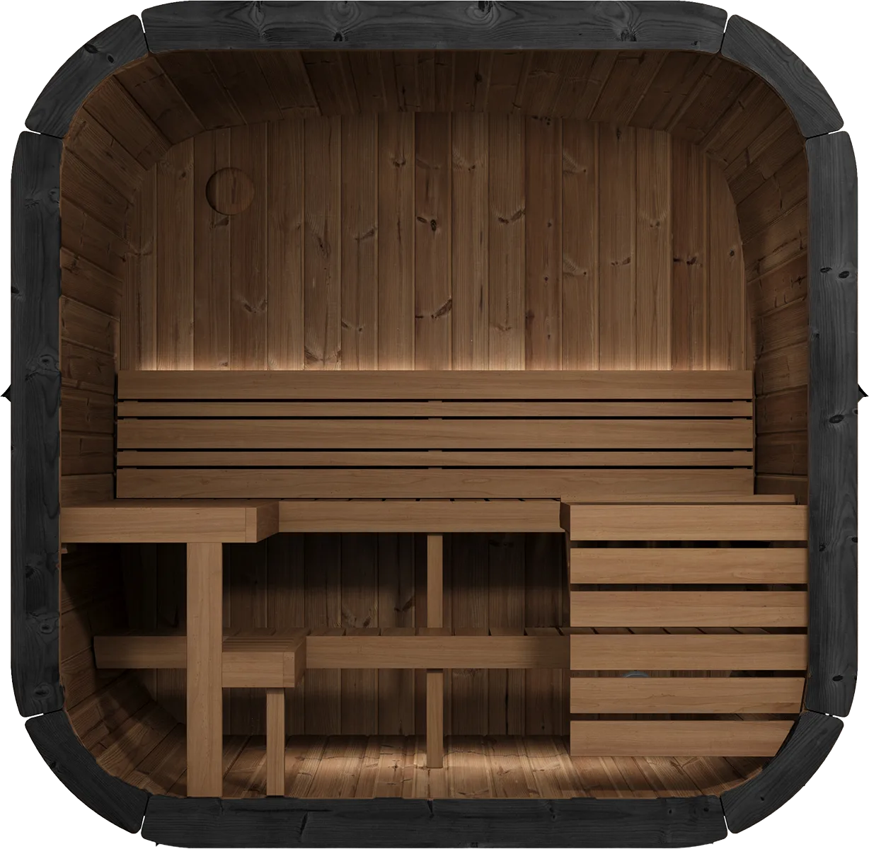 Front-on interior view of the Yakia 200M outdoor sauna, showcasing the tiered timber benches and spacious ergonomic layout, available for delivery across the Isle of Man.