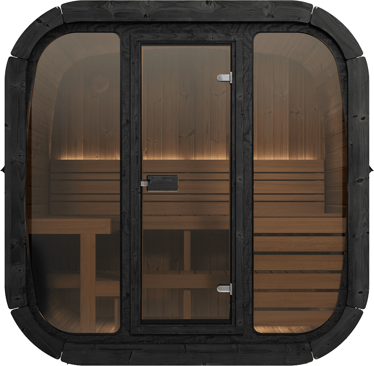 Front view of the Yakia 200M outdoor sauna featuring a large panoramic glass front, modern black exterior trim, and tiered wooden bench seating, available in the Isle of Man.