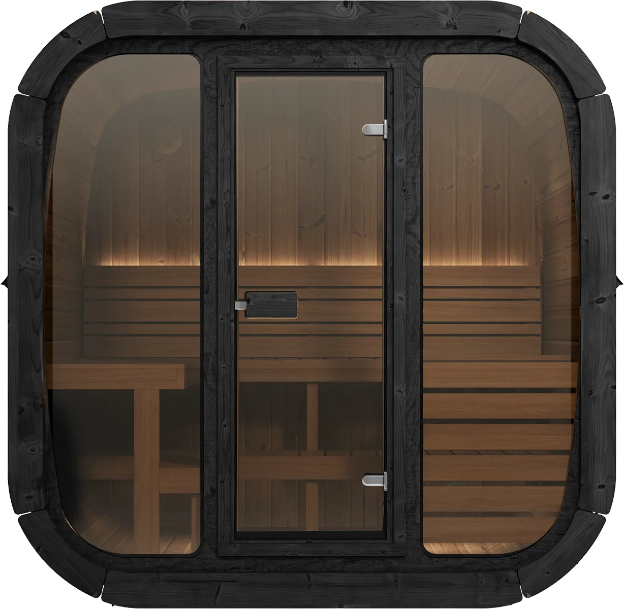 Front view of the Yakia 200M outdoor sauna featuring a large panoramic glass front, modern black exterior trim, and tiered wooden bench seating, available in the Isle of Man.