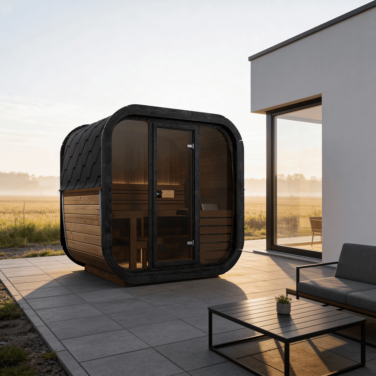 Modern Yakia 200M outdoor sauna installed on a contemporary patio, featuring black weather-resistant cladding and large panoramic glass front, perfect for Isle of Man luxury gardens.