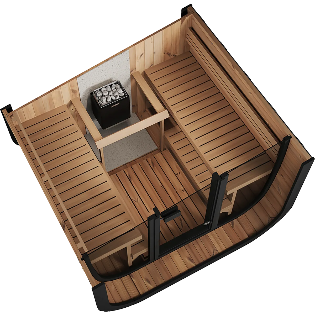 Front exterior view of the Yakia 200 XL outdoor sauna, featuring an extra-wide panoramic glass facade, premium dark cladding, and spacious interior for 6-8 people, available on the Isle of Man.