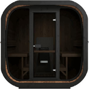 Exterior view of the Yakia 200 XL outdoor sauna, featuring a modern black exterior, large panoramic glass frontage, and an integrated front balcony for cooling off, available on the Isle of Man.