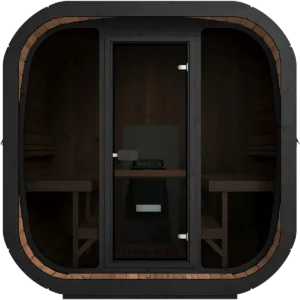 Exterior view of the Yakia 200 XL outdoor sauna, featuring a modern black exterior, large panoramic glass frontage, and an integrated front balcony for cooling off, available on the Isle of Man.