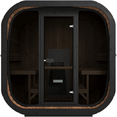 Exterior view of the Yakia 200 XL outdoor sauna, featuring a modern black exterior, large panoramic glass frontage, and an integrated front balcony for cooling off, available on the Isle of Man.