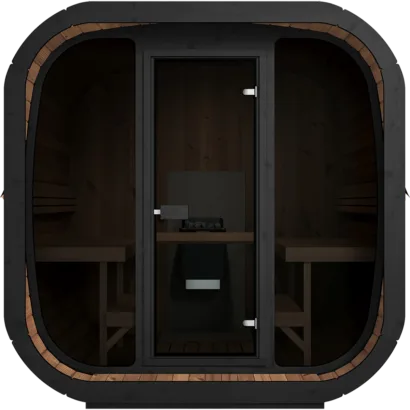 Exterior view of the Yakia 200 XL outdoor sauna, featuring a modern black exterior, large panoramic glass frontage, and an integrated front balcony for cooling off, available on the Isle of Man.