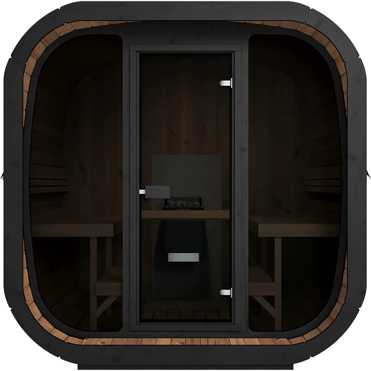 Exterior view of the Yakia 200 XL outdoor sauna, featuring a modern black exterior, large panoramic glass frontage, and an integrated front balcony for cooling off, available on the Isle of Man.