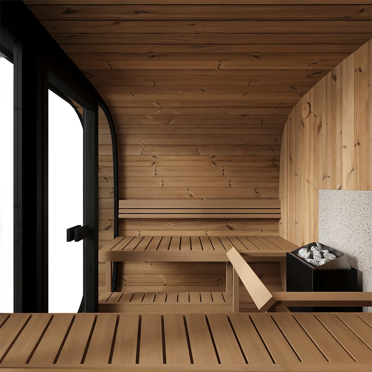 Interior side-profile cutaway of the Yakia 200 XL sauna, showing the deep tiered Nordic spruce benches and the expansive internal head height, available for Isle of Man delivery.