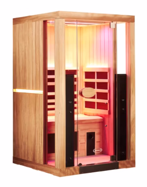 An angled side-profile view of a 1-person Jacuzzi infrared sauna showing the exterior wood paneling, an embedded accent light, and the glowing interior through a glass door.
