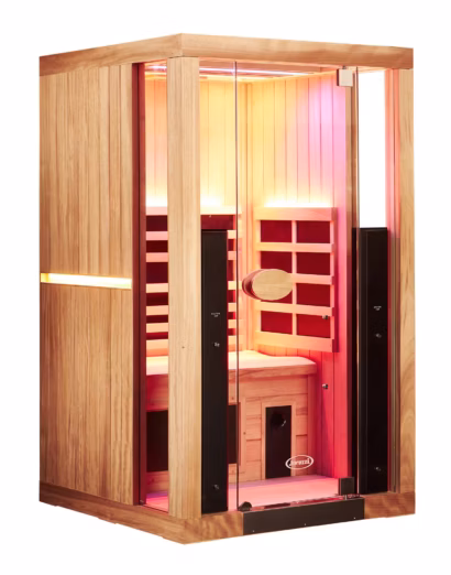 An angled side-profile view of a 1-person Jacuzzi infrared sauna showing the exterior wood paneling, an embedded accent light, and the glowing interior through a glass door.