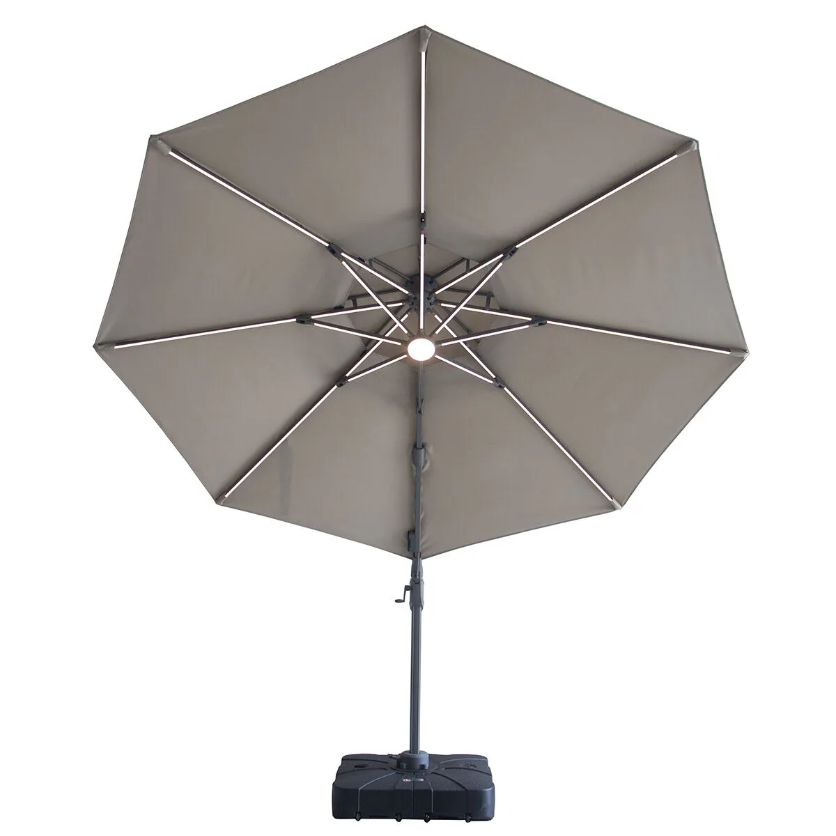 Underside view of the Apollo 3m Round Cantilever Parasol showing integrated solar-powered warm white LED rib strip lighting and central hub light.