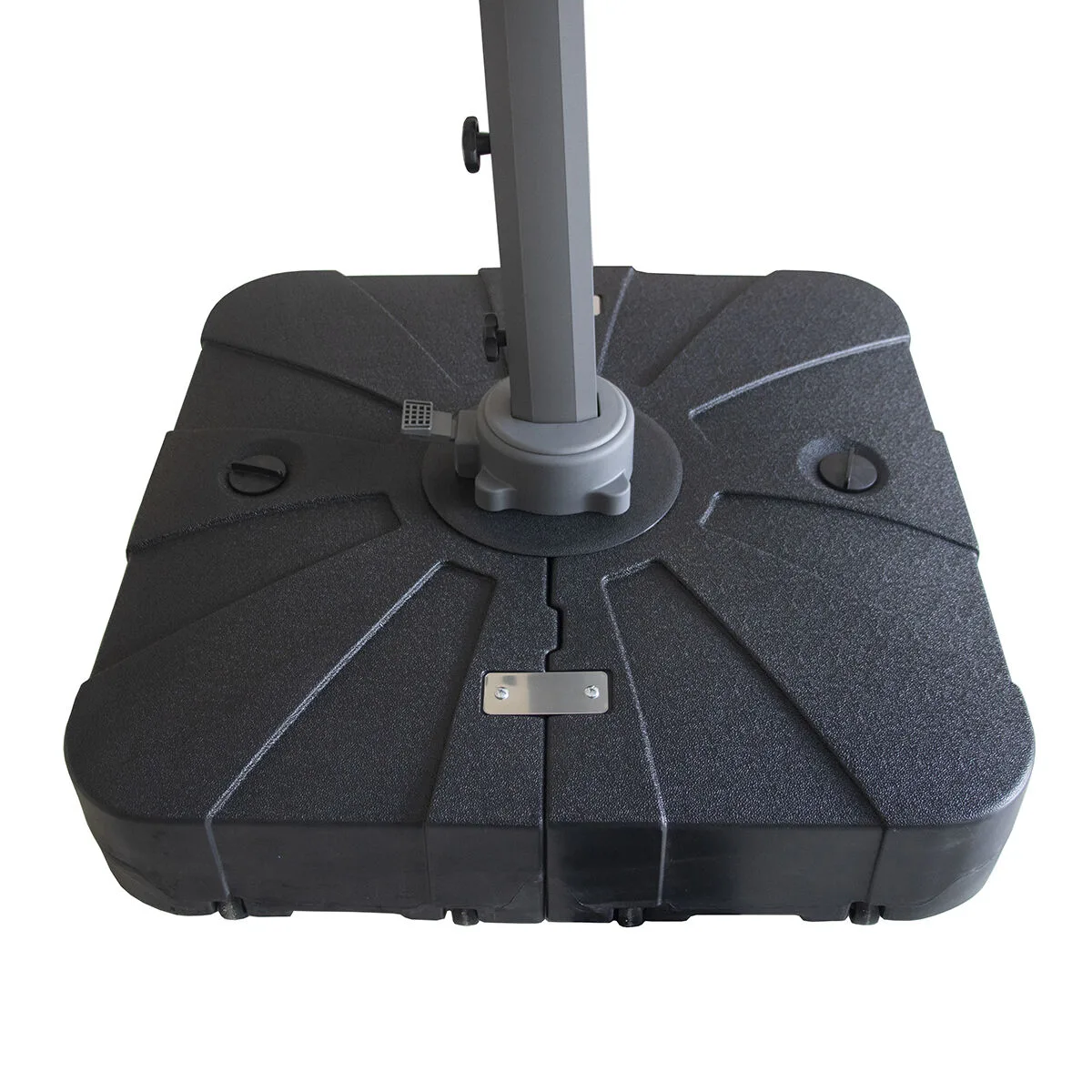 Top-down view of the robust wheeled base for the Apollo Solar LED 3m Round Rotating Cantilever Parasol in Charcoal Grey, highlighting the convenient foot pedal for 360-degree rotation.