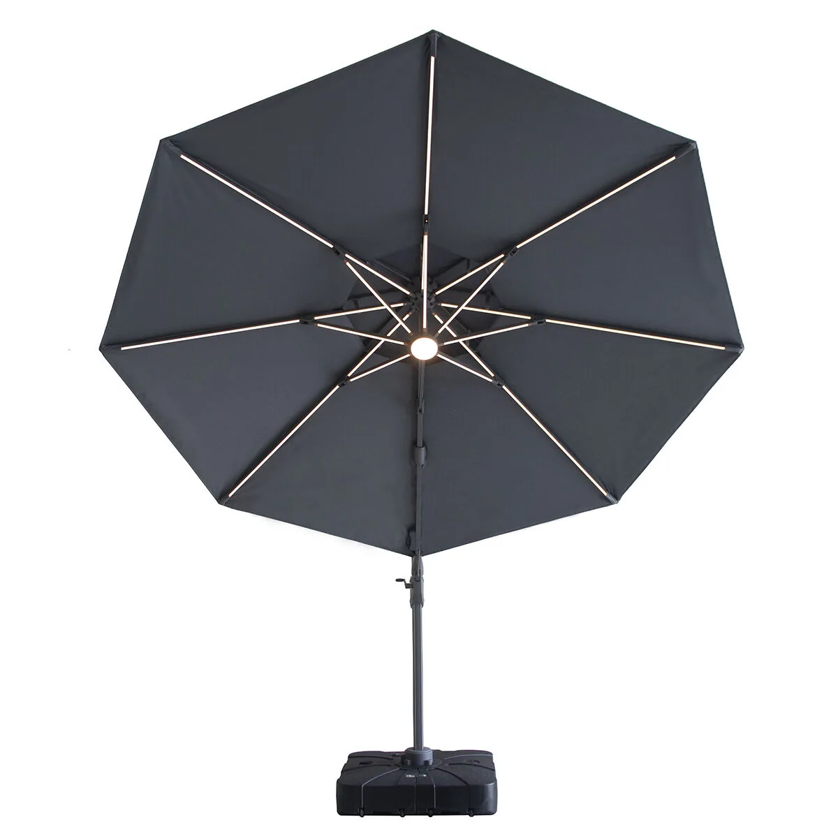 Looking up directly beneath the Charcoal Grey canopy of the Apollo Solar LED 3m Round Rotating Cantilever Parasol, displaying the vented top design and glowing LED ribs.