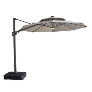 Apollo 3m Round Rotating Cantilever Parasol in Clay Beige tilted horizontally on a wheeled black base.