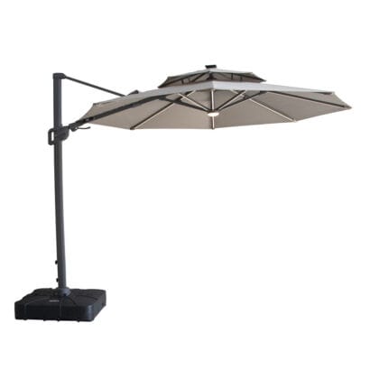 Apollo 3m Round Rotating Cantilever Parasol in Clay Beige tilted horizontally on a wheeled black base.