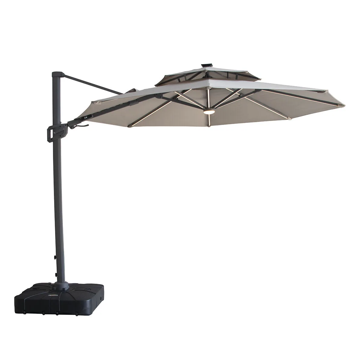 Apollo 3m Round Rotating Cantilever Parasol in Clay Beige tilted horizontally on a wheeled black base.