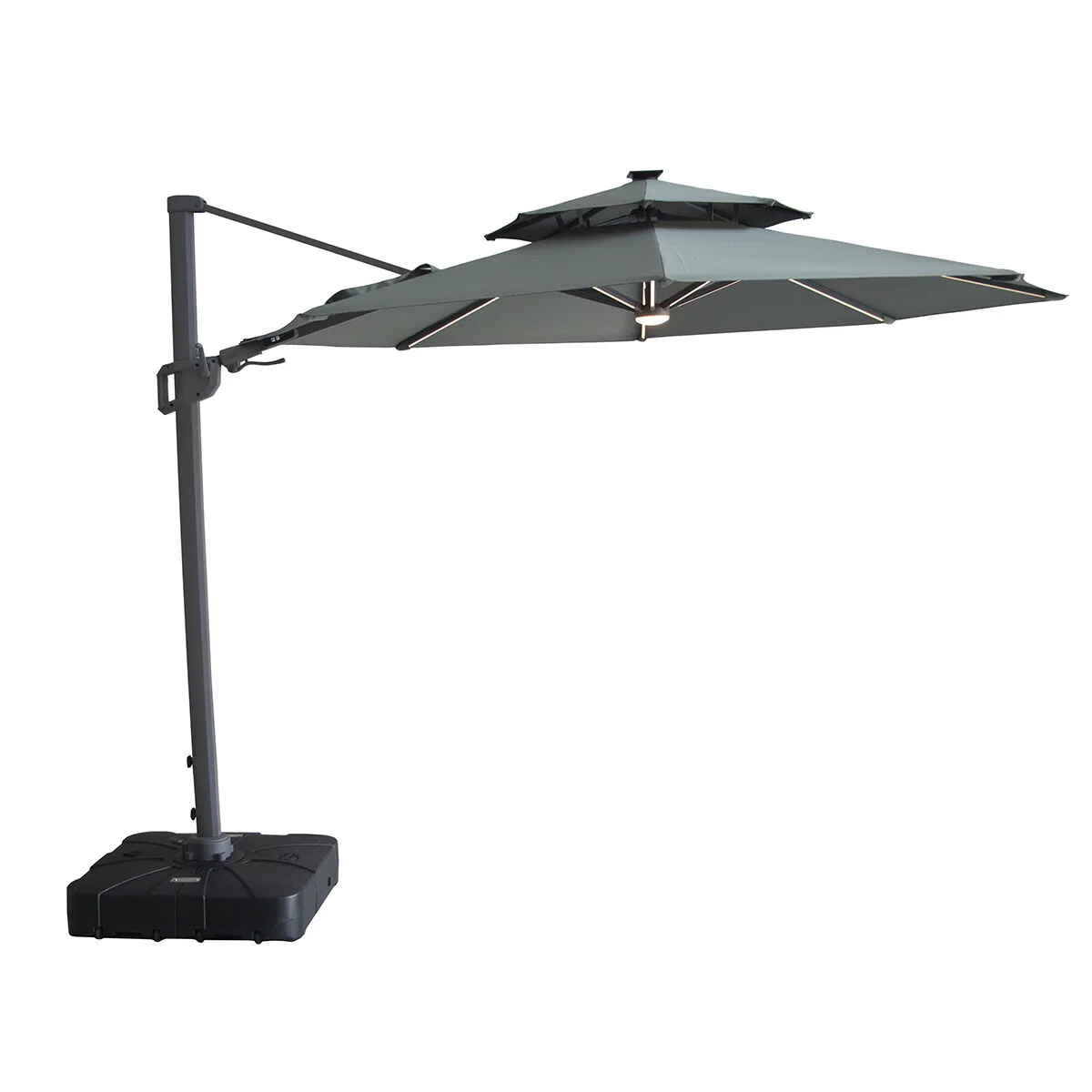 The Maze Apollo Solar LED 3m Round Rotating Cantilever Parasol with Base in Oil Green, featuring a rust-free aluminium frame and generous canopy, available at Roberts Leisure, Isle of Man.