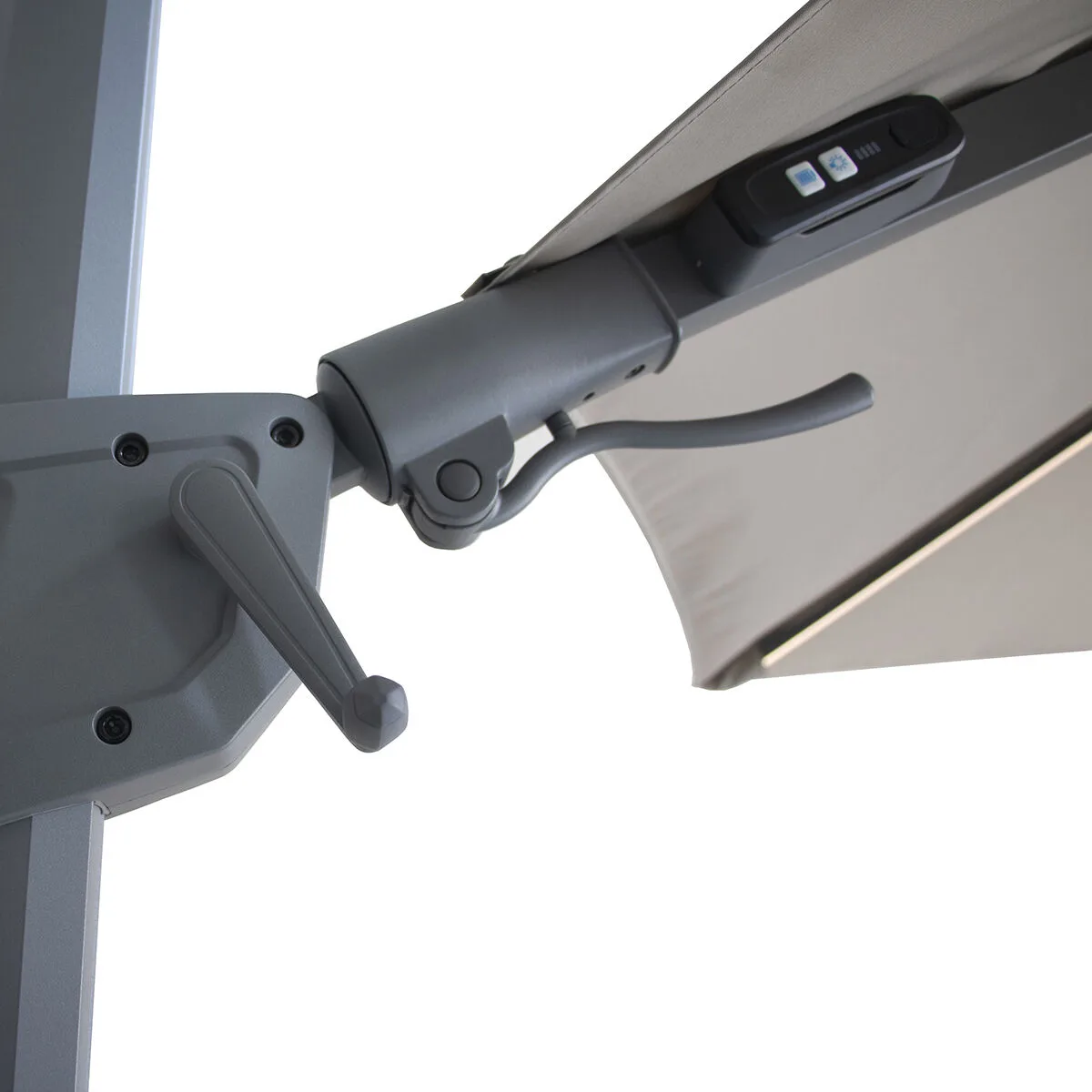 Close-up of the easy-adjust crank handle and horizontal tilt mechanism on the Apollo 3m Solar LED Cantilever Parasol.