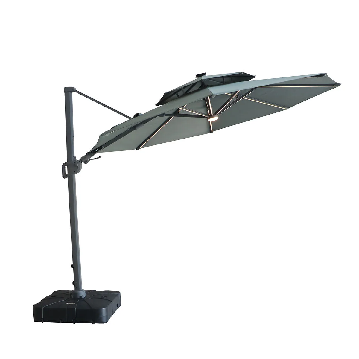 The Maze Apollo Solar LED 3m Round Rotating Cantilever Parasol in Oil Green showcasing its horizontal tilt function to block low sun, featured at Roberts Leisure, Isle of Man.