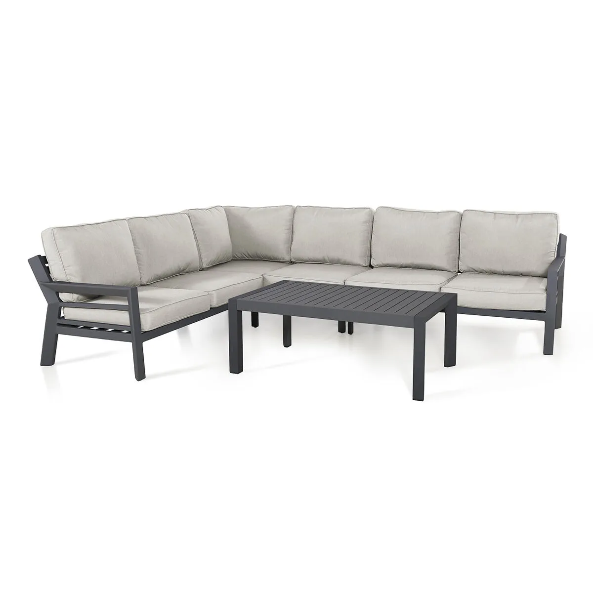 Maze New York Aluminium Corner Sofa Set in Dove Grey featuring an L-shaped sectional and slatted coffee table on a white background.