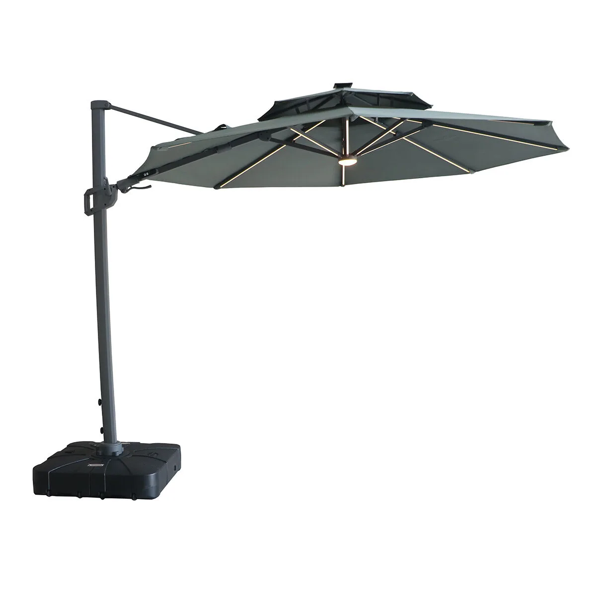The Maze Apollo Solar LED 3m Round Rotating Cantilever Parasol with Base in Oil Green, featuring a rust-free aluminium frame and generous canopy, available at Roberts Leisure, Isle of Man.
