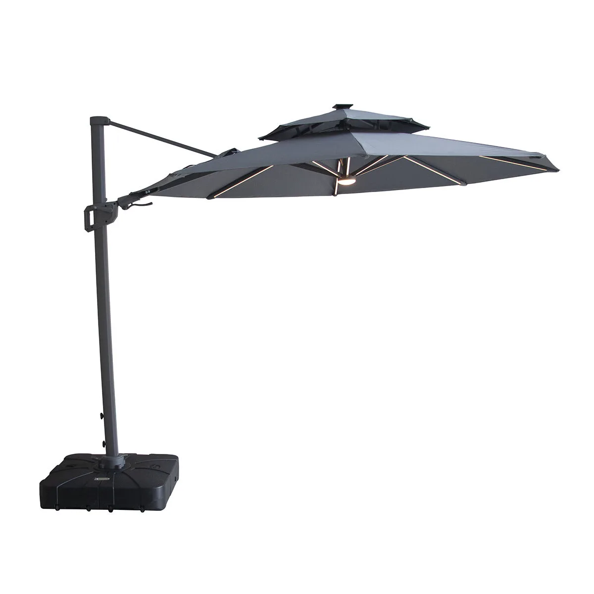 Side profile of the Charcoal Grey Apollo Solar LED 3m Round Rotating Cantilever Parasol slightly tilted, showcasing its sleek rust-free aluminium frame and 220gsm UV-resistant polyester canopy.