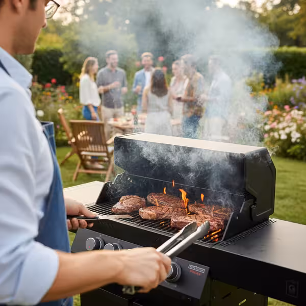 An over-the-shoulder view of a man using tongs to flip steaks over active flames on an open, matte black Primeliner G3 gas barbecue grill, with a blurred group of friends socializing in the background garden.