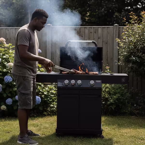 A side profile view of a man using tongs to flip meat on an open, matte black Primeliner G3 gas barbecue grill in a grassy backyard with hydrangeas.