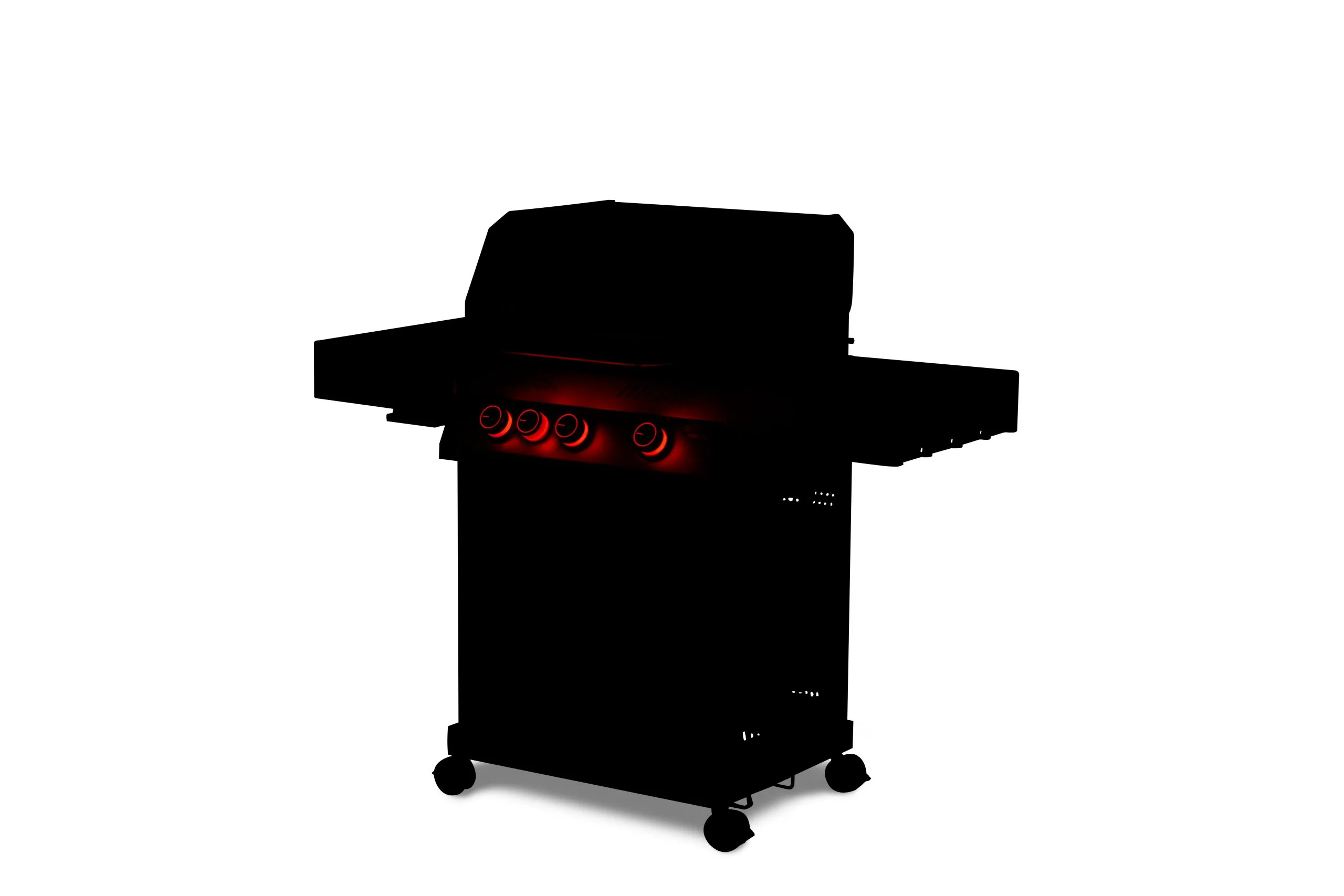 A studio silhouette shot of the Primeliner G3 gas barbecue grill in the dark, highlighting the vibrant red backlit LED control dials on the main panel.