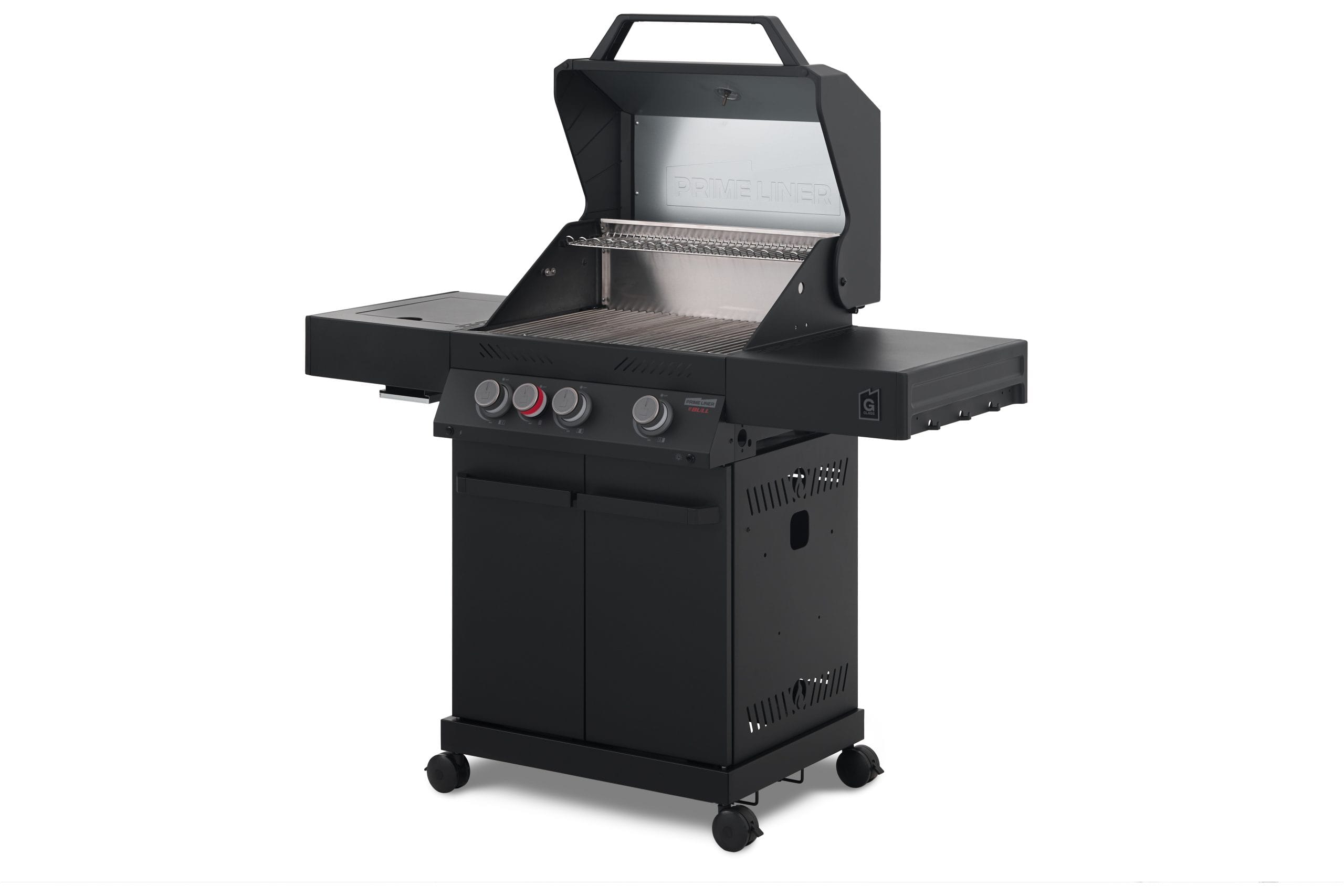 A right three-quarter angled view of a matte black Primeliner G3 gas barbecue grill with its hood open, showing the main cooking grates, side panels, and lower storage cabinet on wheels.